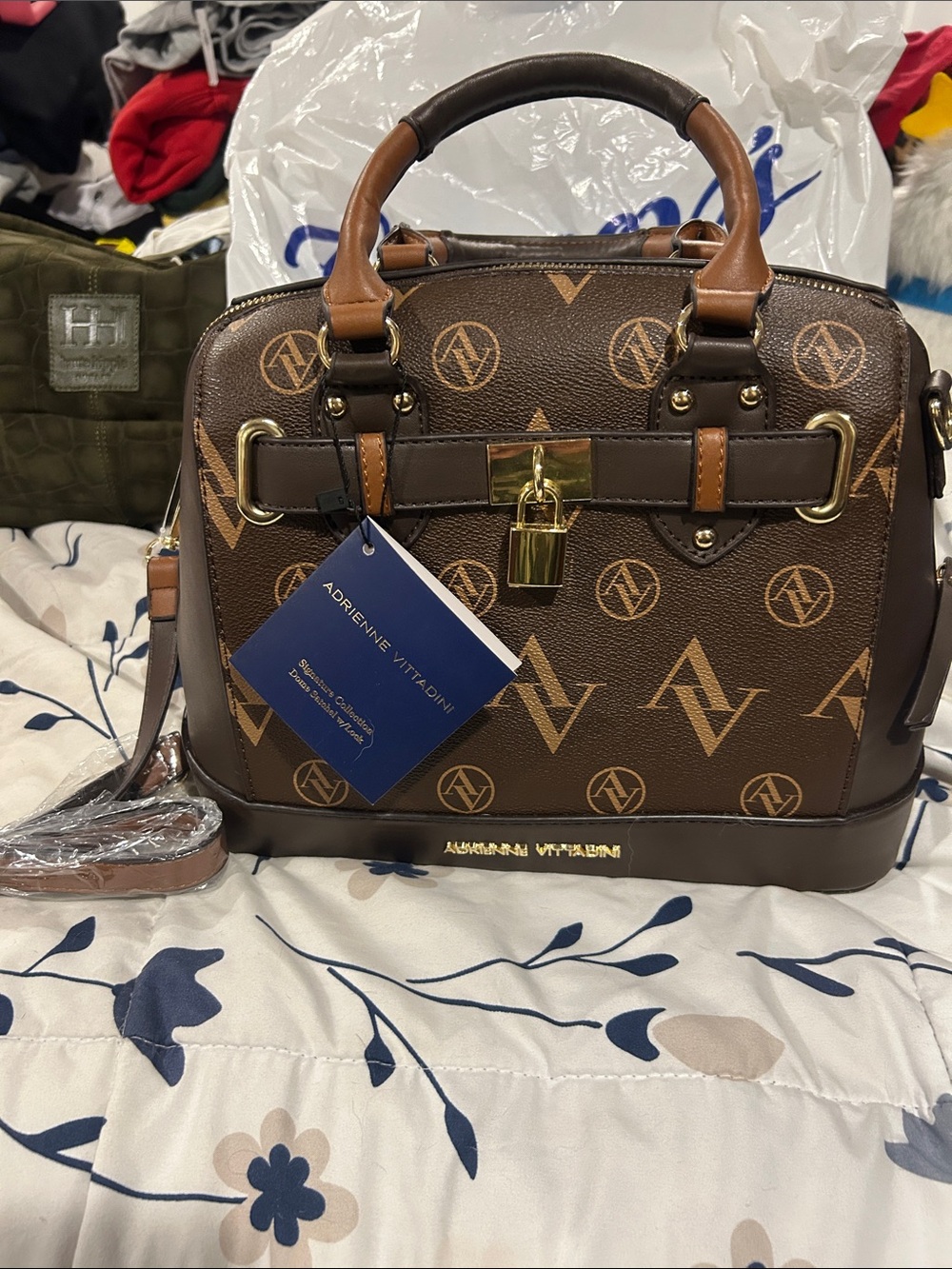 Adrienne Vittadini Brown Tan Monogram Satchel with Gold Hardware
